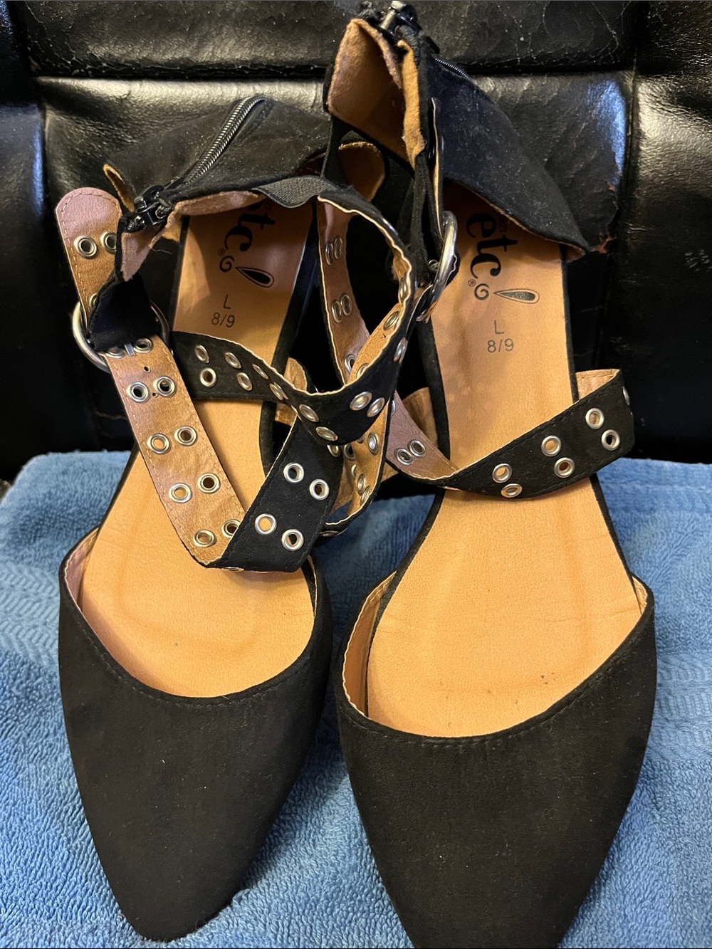 Black Pointed Ankle-Strap Heels with Eyelet Details